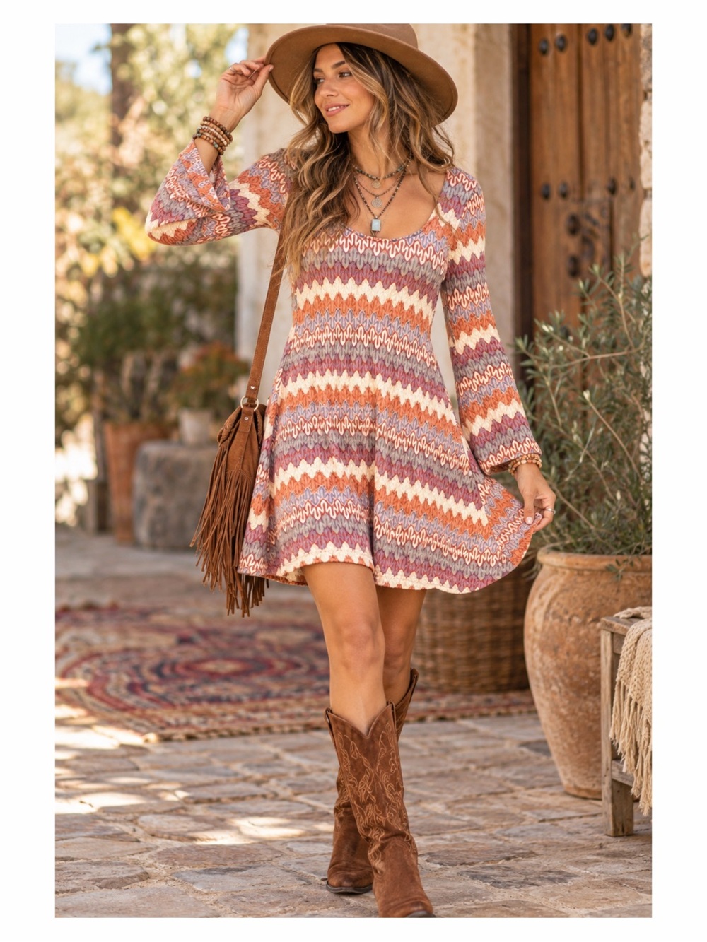 ASOS DESIGN Scoop Neck Long Sleeve Mini Dress Crochet Brown Blue Zig Zag NWOT